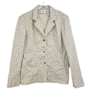Liz Claiborne Womens‎ Blazer Jacket Size Medium Pale Yellow Blue Flowers Cotton